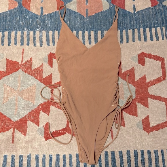 Blue Life Roped Up One Piece Swimsuit in Cacao Tan Lace Up Nude Deep V - Picture 4 of 12